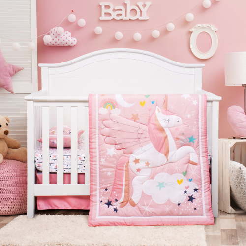 JISEN 4-Piece Pink Unicorn Crib Bedding Set for Girls - Crib Skirt, Quilt, Fitted Sheet & Pillowcase