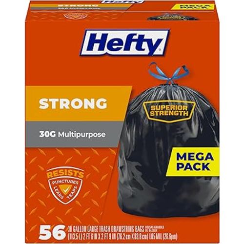 Hefty Strong 30 Gallon Trash Bags, Large Trash Bags 30 Gallon Size, Durable Drawstring Enclosure, Resists Punctures, Leaks, and Tears, Black, Unscented, 56 Bags