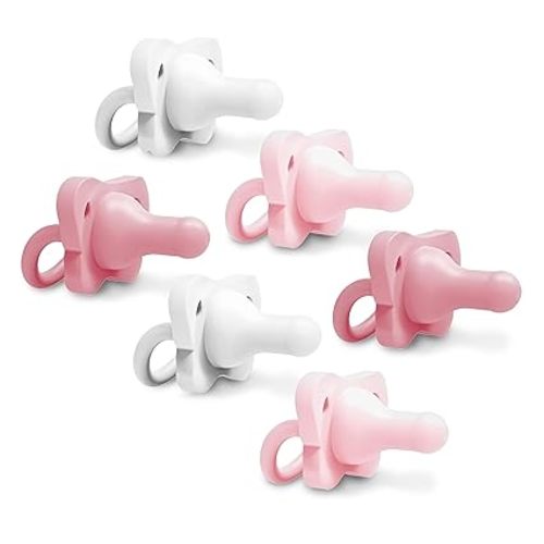 Dr. Brown's HappyPaci 100% Silicone Baby Pacifier, Contoured One-Piece Design, Pink, White, Light Pink, 0-6m, BPA-Free, 6 Pack