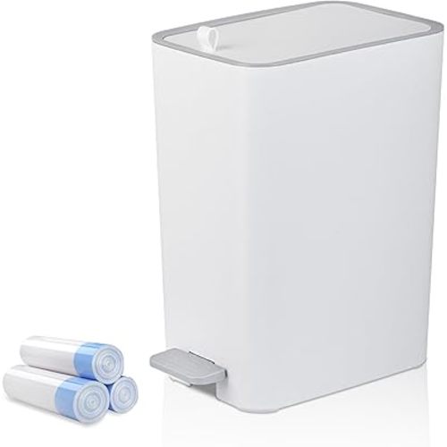rejomiik Small Bathroom Trash Can with Lid, 2.1 Gallon Step Garbage Can with Handle, Slim Mini Wastebasket Bin for Bedroom, Office, Dorm, White