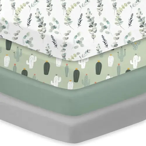Little Grape Land Crib Sheets 4 Pack, Baby Crib Sheet Set for Standard Crib & Toddler Mattress, Super Soft Breathable Crib Mattress Sheets Fitted Girl & Boy, Leaves/Cactus/Green/Grey Set