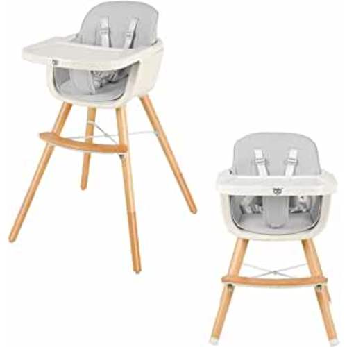 BABY JOY Convertible Baby High Chair, 3 in 1 Wooden Highchair/Booster/Chair with Removable Tray, Adjustable Legs, 5-Point Harness, PU Cushion and Footrest for Baby, Infants, Toddlers (Gray)