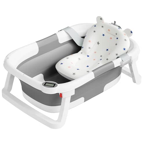 napei Collapsible Baby Bathtub,Baby Bath Tub with Soft Cushion & Thermometer,Baby Bathtub Newborn to Toddler 0-36 Months,Portable Travel Baby Tub