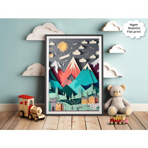Kids Mountain Art - Paper-cut Nursery Art / Childrens Room Wall Art / Kids Room Posters / Nursery Prints / Infant Art / Cute Decor