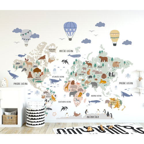 Animal World Map Decal, Peel and Stick Map Decal, World Map Wall Mural, Children World Map Sticker, Nursery Wall Decal, Nursery Map Sticker
