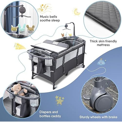BabyBond Baby Bassinet Bedside Crib, Pack and Play with Sheet, Diaper Changing Table and Music Mobile from Newborn to Toddles, Portable Large Playard