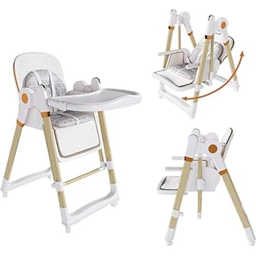 Foldable High Chair for Babies and Toddlers, Portable Baby Swings for Infants, Baby High Chair with Wheels, Adjustable Backrest, Footrest, Tray, Seat Height, PU Cushion, 5-Point Harness, White