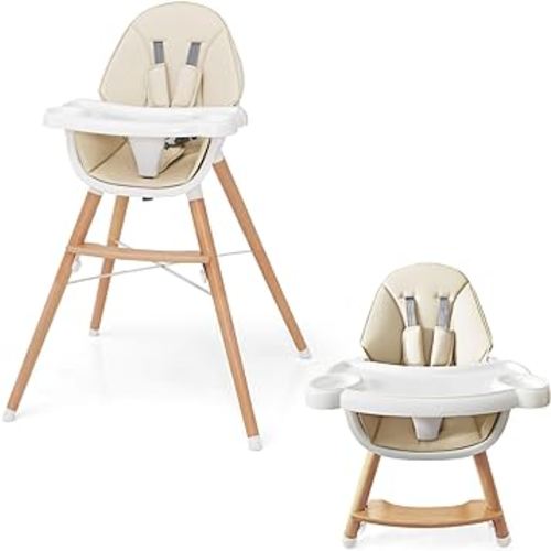 HONEY JOY Baby High Chair, Eat & Grow Beech Wooden Highchair for Babies and Toddlers, Removable Double-Layer Food Tray, 5-Point Harness, PU Cushion and Footrest for Infants Boys Girls (Beige)