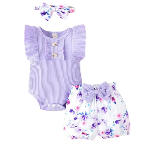 LUNFEGO Newborn Baby Girl Clothes Outfits Ruffle Romper and Short Pant Sets with Headband Infant Bodysuits