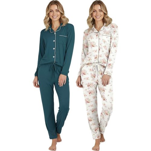 Real Essentials 2 Pack: Women's Soft Pajama Set | Button Down Top and Lounge Sleep PJ Pants | Matching Sleepwear (Plus Size)
