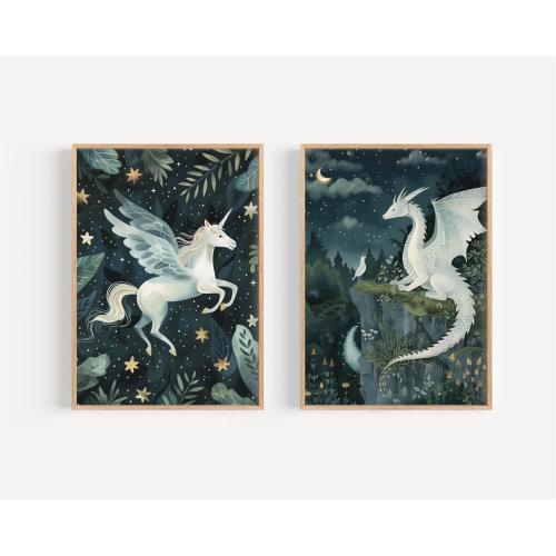 Unicorn and Dragon Nursery Printed Blue art print whimsical art print unicorn nursery print set high archival paper Set of 2 KR3-A2