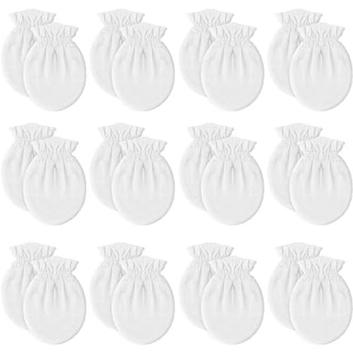 12 Pairs Newborn Baby Mittens,Unisex-Baby No Scratch Mittens,100% Cotton White Mittens for Baby 0-6 Months