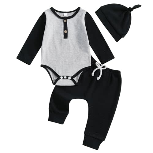 Karuedoo Newborn Infant Baby Boy Fall Winter Outfit Waffle Knit Contrast Color Romper Pants Hat 3Pcs Coming Home Outfits Set