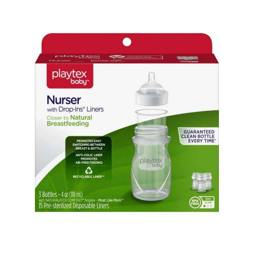 Playtex Baby Nurser Clear Anti-Colic Baby Bottle 3 Pack Each, 4 oz with 15 Drop-ins Liners