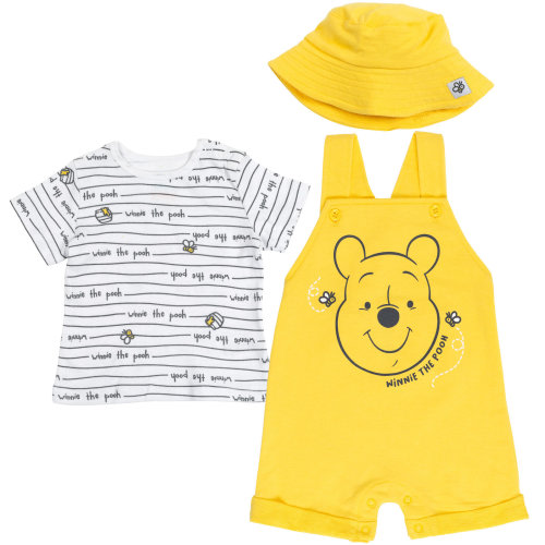 Disney Winnie the Pooh French Terry Short Overalls T-Shirt and Hat 3 Piece Outfit Set Newborn to Infant