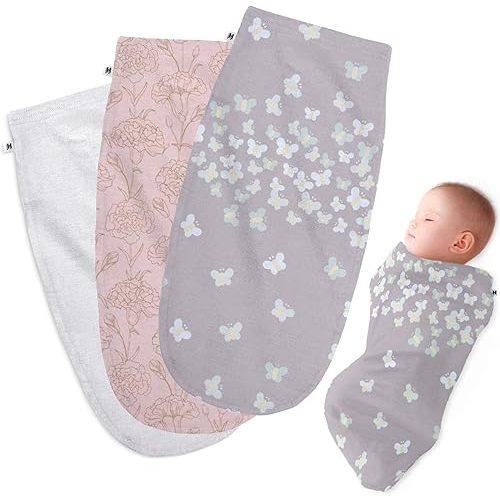 Henry Hunter Baby Swaddle Sack | The Simple Swaddle | Soft Stretchy Cotton Swaddles for Newborns | Baby Swaddles 0-3 Months, Swaddle Blankets Baby Girl, 3-Pack, Butterfly | Carnation | Light Heather