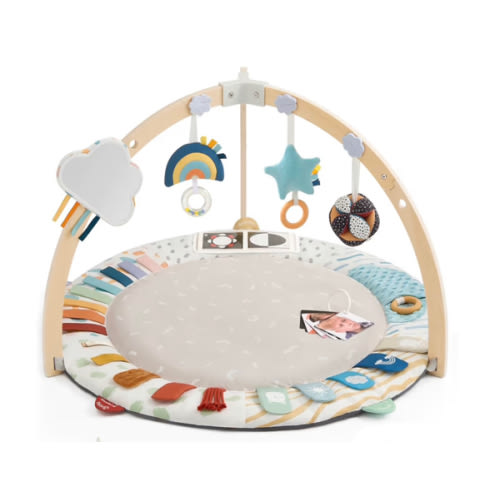 Blissful Diary Baby Play Gym & Activity Mat, 5 Developmental Zones Wooden Tummy Time Mat with 5 Detachable Sensory Toys for Motor Skills & Sensory Development, Baby Essentials Shower Gift