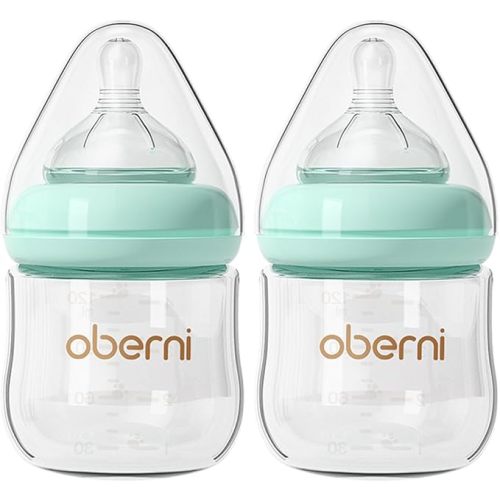 Oberni Glass Baby Bottles, Anti Colic Newborn Milk Bottles for Babies 0-3 Months, 120ml/4oz Baby Glass Bottles with Natural Response Slow Flow Breast-Like Nipple, Blue/2 Pack