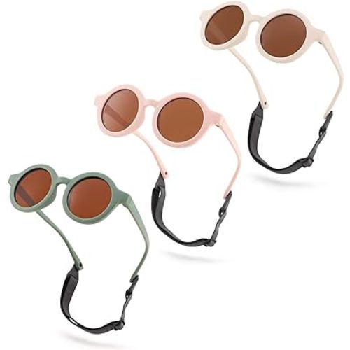 Bouryo Polarized Cute Round Sunglasses Flexible Newborn Baby Sunglasses with Strap for Infant Boys Girls Ages 0-24 Months