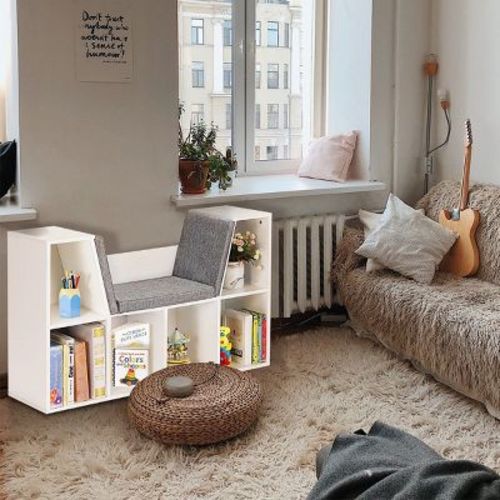 Costway 6 Cubby Kid Storage Cabinet Bookcase Multi-purpose Shelf Cushioned Reading Nook