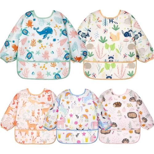 Lictin Long Sleeve Bibs 5 Pack - Baby Bibs, Waterproof Toddler Bibs, Baby Smock for Eating, Baby Bibs for Feeding Teething