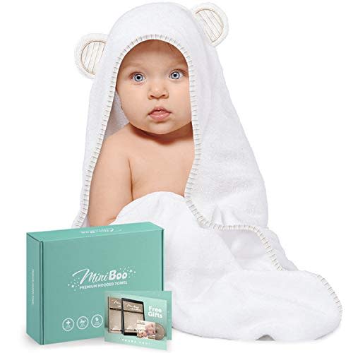 MINIBOO Baby Hooded Towel - Ultra-Soft and Absorbent Rayon from Bamboo Baby Towels for Newborn to Toddlers - Hypoallergenic Baby Bath Towels