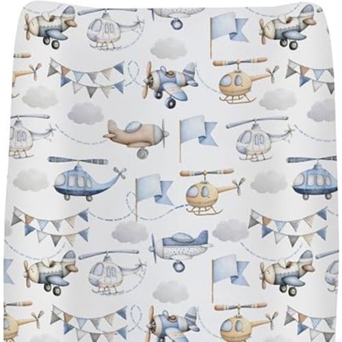 Watercolor Airplanes Helicopters Changing Pad Covers for Baby Girls Boys Vintage Aircraft Fitted Change Table Pad Covers Mats Air Transport Travel Soft Diaper Changing Table Sheets 32''×16'' Blue