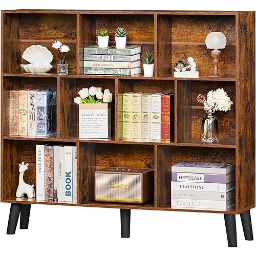 LEYAOYAO 10 Cube Bookshelf,3 Tier Modern Wide Bookcase with Legs,Mid-Century Wood Bookshelves Storage,Brown Large Book Case,Freestanding Organizer Display Shelf for Bedroom,Living Room,Office