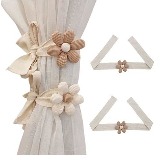Curtain Tieback 2pcs Cute Flower Curtain Ties Decorative Rope for Bedroom Window Treatment (Khaki)