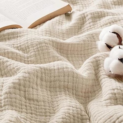 Bedsure 100% Cotton Muslin Throw Blanket Twin XL for Bed - 4-Layer Breathable and Lightweight Soft Gauze Muslin Blanket for Summer, Beige, 66x90 Inches