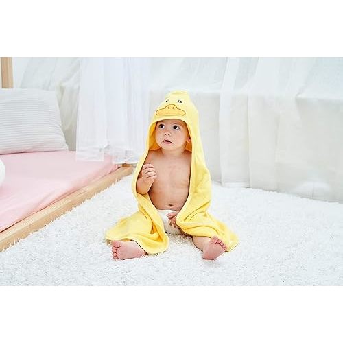 HIPHOP PANDA Hooded Towel - Rayon Made from Bamboo, Bath Towel with Bear Ears for Newborn, Babie, Toddler, Infant - Absorbent Large Baby Towel - Yellow Duck, 30 x 30 Inch