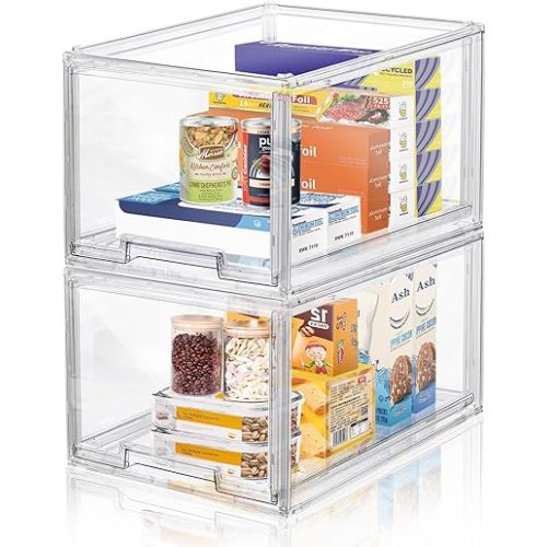 DILIBRA 2 Packs Plastic Stackable Storage Organizer Bins with Pull Out Drawer, Large Clear Acrylic Storage Drawers Container Boxes for Fridge Pantry Shelf Clost Refrigerator Organization and Storage