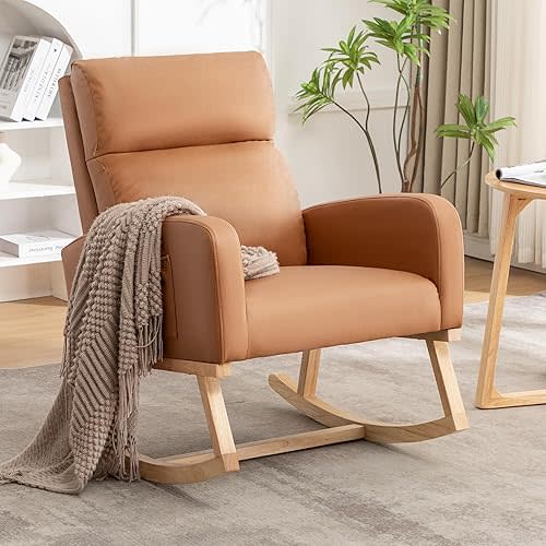 Rocking Chair Nursery, Leather Nursing Rocking Chairs, Upholstered Nursery Glider Rocker Wingback Morden Rocking Chair with Side Pocket for Mom Nursery, Living Room, Bedroom, PU Brown