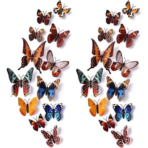 24pcs 3D Vivid Special Man-Made Lively Butterfly Art DIY Decor Wall Stickers Decals Nursery Decoration, Bathroom Décor, Office Décor, 3D Wall Art, 3D Crafts for Wall Art Kids Room Bedroom