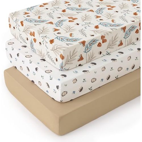 PHF 3 Pack Soft Leaf&Mushroom Crib Sheets Fitted, Comfy Breathable Baby Sheets for Boys Girls, 28x52 Inches Fits Standard Crib and Toddler Mattresses, Leaf&Mushroom
