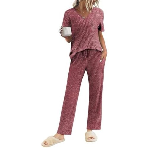 Ekouaer Womens Ribbed Knit Lounge Set Short Sleeve Top and Long Pants Sleepwear Pajama Set Two Piece Matching Outfits Set