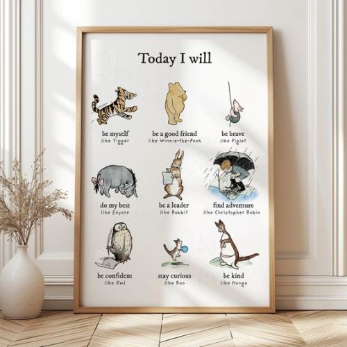 Winnie-the-Pooh Nursery Wall Art, Positive Affirmations Classic Pooh and Friends, Unframed Print