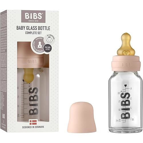 BIBS Baby Glass Bottle Complete Set 110 ml | BPA Free Natural Rubber | Made in Denmark | Blush