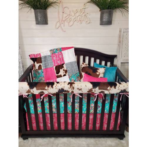 Girl Crib Bedding - Cow Minky and Teal Floral Western Nursery Collection