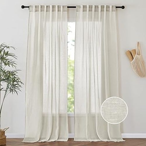 PONY DANCE Linen Curtains 96 inches Long - 2 Panels Natural Flax Blended Sheer Drapes for Living Room, Window Treatments Panels for Patio Glass Door/Bedroom, 52 x 96 in, Natural