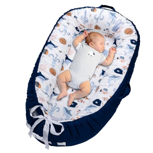 Baby Lounger, Infant Lounger for Newborn 0-24 Months, Breathable and Soft 100% Cotton Baby Nest Cover, Babies Essentials Gifts, Portable Co-Sleeping Baby Bed for Home and Travel
