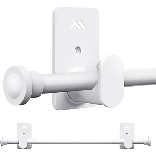 Curtain Rods No Drilling for Windows 30 to 45 Inches,5/8 Inch Diameter No Drill Curtain Rod Set Modern Finial 3M Adhesive Brackets, White