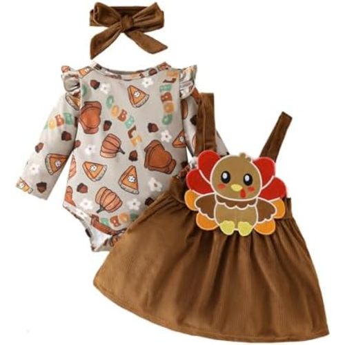 Thanksgiving Baby Girl Outfit My First Thanksgiving Infant Long Sleeve Romper Suspender Skirt Set 3Pcs