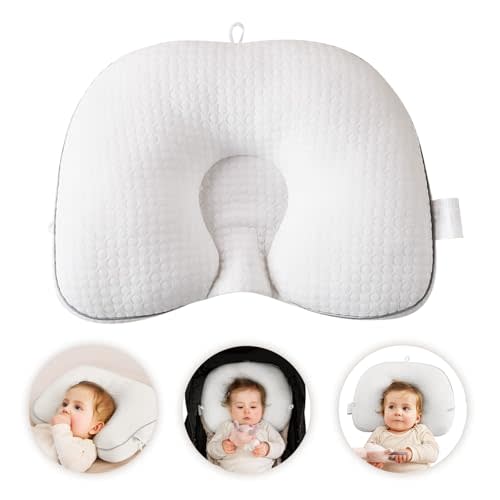 Cococu Baby Head Pillow Upgraded Flat Head Pillow, Baby Neck Support for Carseat Soft and Breathable Ergonomic Design, White