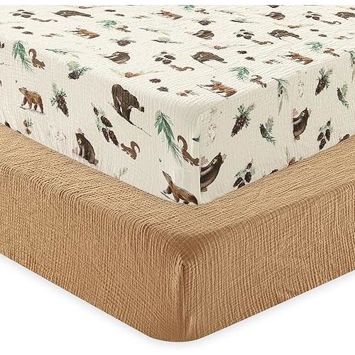 david's kids Muslin Crib Sheets for Boys Girls, 2 Pack 100% Cotton Soft Breathable Fitted Baby Sheet Set, 28x52 Inch Fits Standard Crib and Toddler Mattresses, Woodland Animal