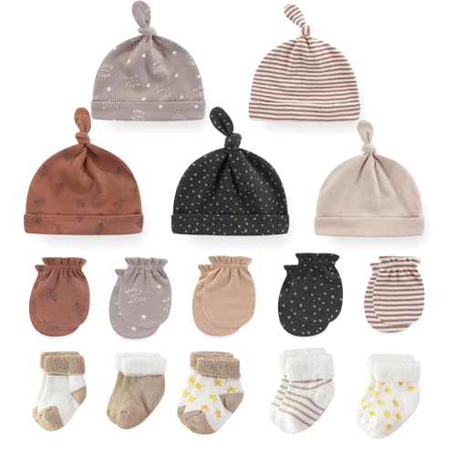 MAMIMAKA Baby Caps Mittens and Thick Warm Socks Cotton Newborn Essentials Accessories (Hats+Gloves+Terry Socks),0-6 Months