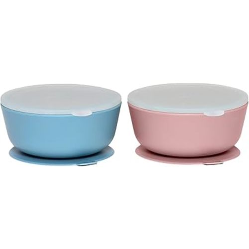 WeeSprout Suction Bowls for Baby & Toddlers (Set of 2) - 100% Silicone w/Plastic Lid - Leak Proof Feeding Supplies - Dishwasher & Microwave Safe Infant Dinnerware w/Extra Strong Base