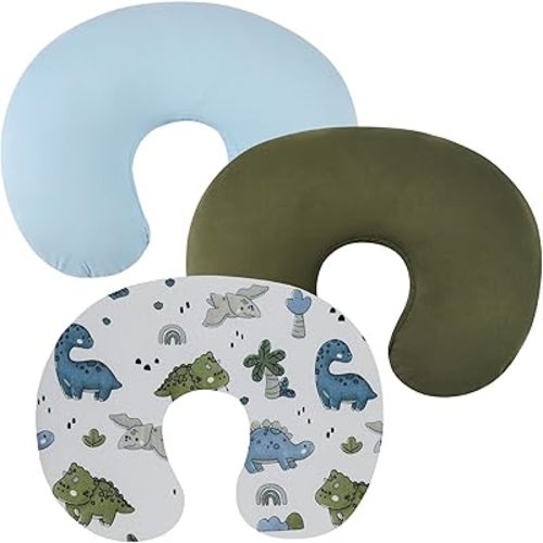 Nursing Pillow Cover Set 3 Pack Nursing Pillow Slipcovers for Moms Breastfeeding Moms, Ultra-Soft Stretchy Fit Standard Nursing Pillows Light Blue/Light Green/Dinosaur