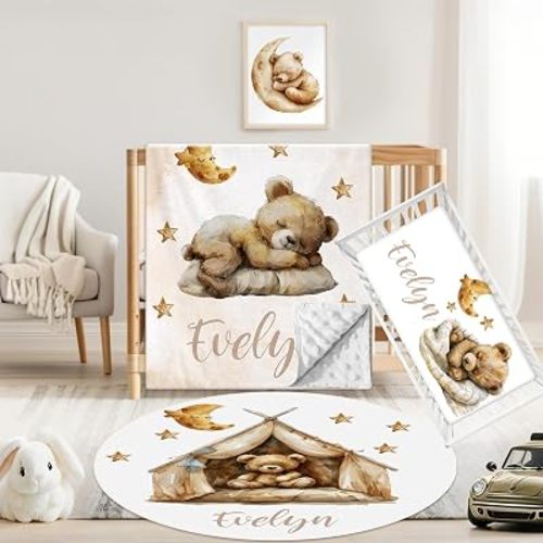 Custom Crib Bedding Set for Girls Boys, 3 Pcs Personalized Name Double Layer Baby Blanket Crib Sheet Rug, Soft Newborn Toddler Infant Bedding for Nursery Decor New Parents Brown Bear