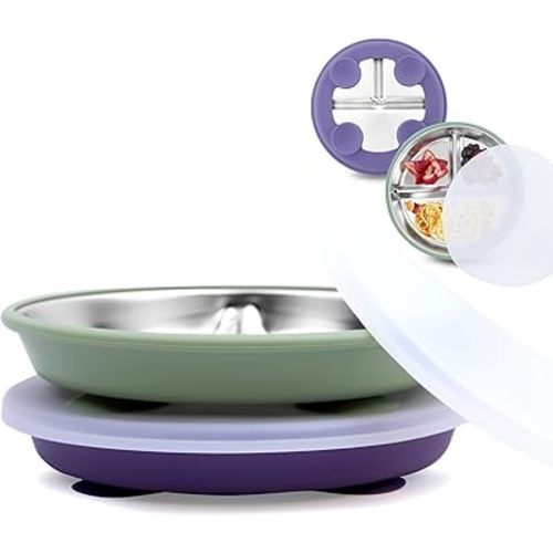 Stainless Steel Toddler Suction Plate with Lid, Deeper 9" Divided Plates with Removable Silicone Sleeves for Kids, Non Toxic & BPA Free | Unbreakable Baby Snack Dishes Set of 2, Green & Purple